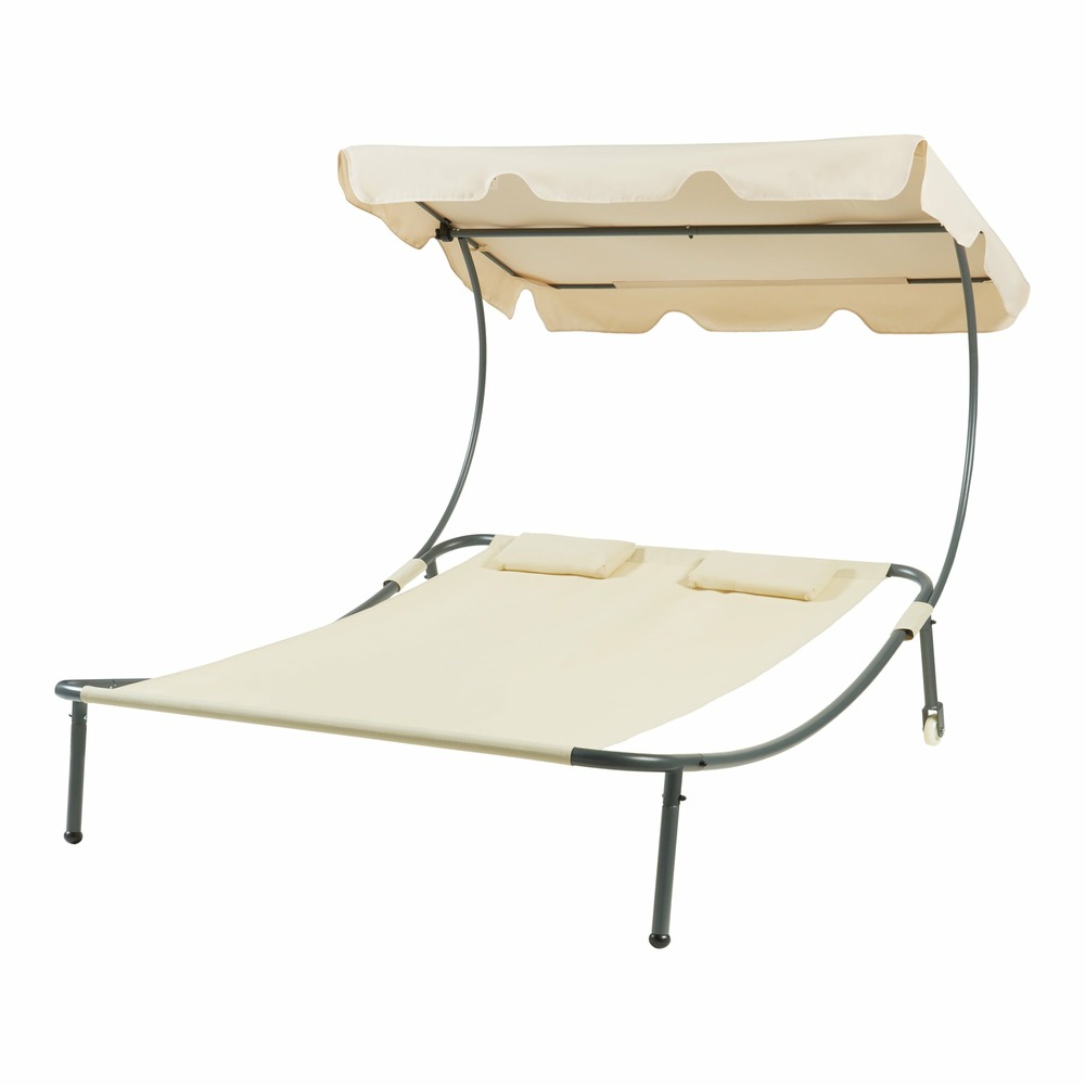 Chaise longue double avec auvent acier laqué polyester beige