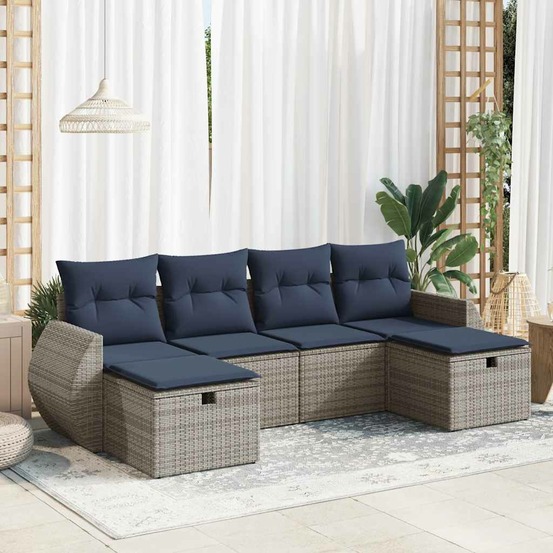 Salon de jardin 6 pcs avec coussins gris résine tressée