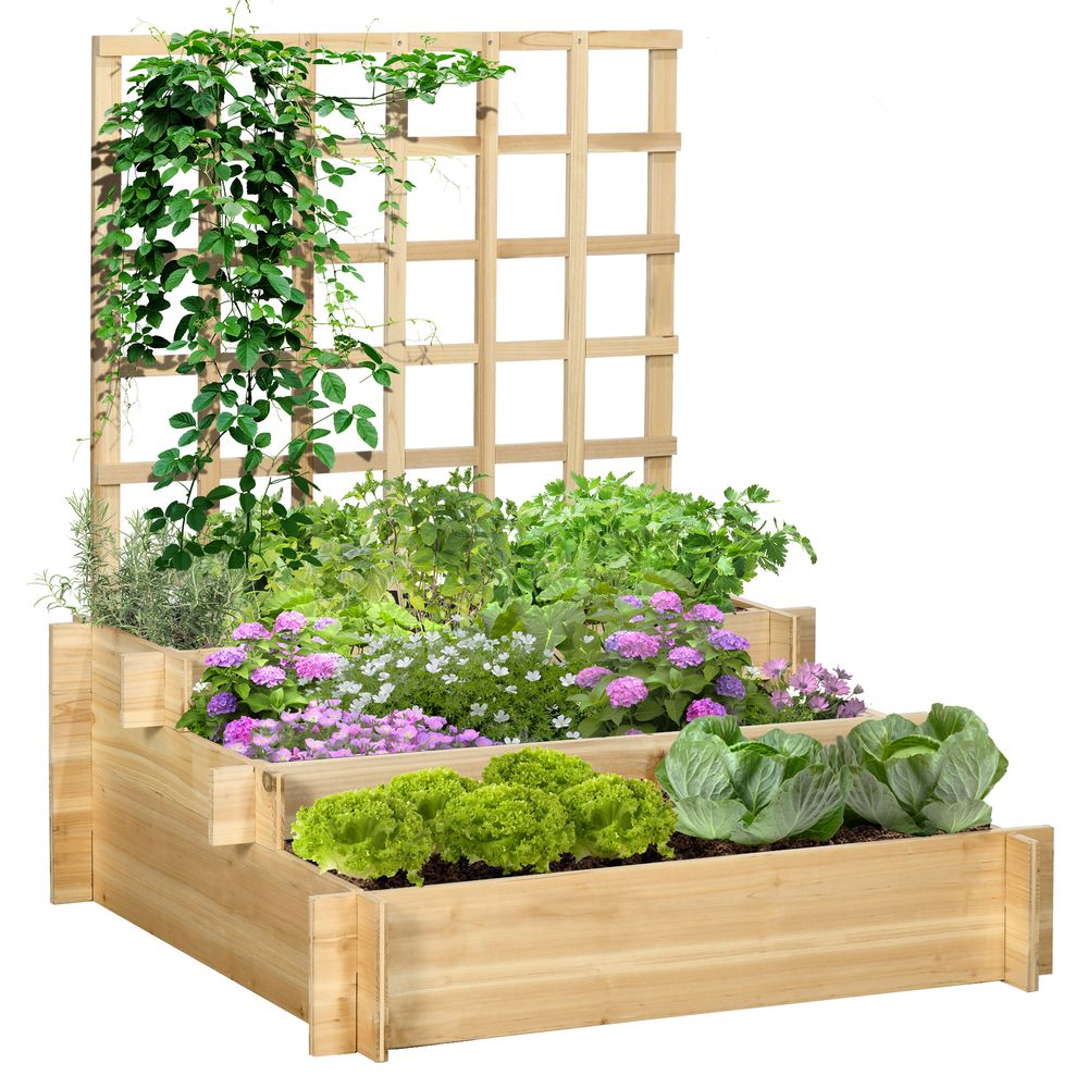Carré potager en bois 3 niveaux avec treillis pour plantes grimpantes 95x110 cm naturel