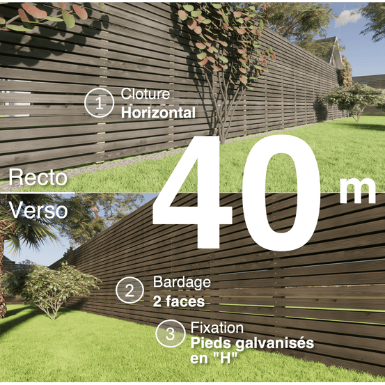 Kit clôture bois moderne 40m – h 2,3m – 20 x 70 mm noir par trempage – pose horizontal – double face – support galva