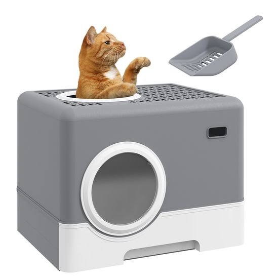 Maison de toilette pour chat couverte avec tiroir et pelle intégrée 52 cm gris