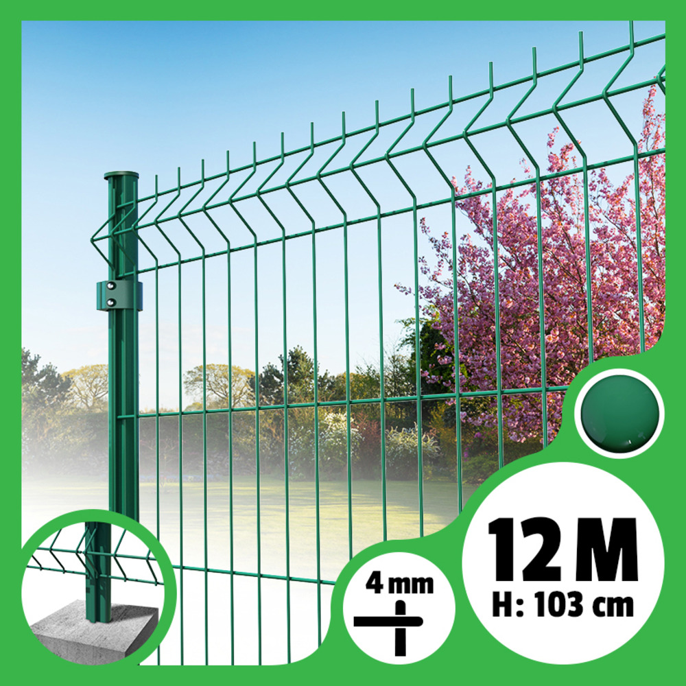Kit grillage rigide poteaux ronds - longueur 12 mètres - 103 cm, vert, a sceller