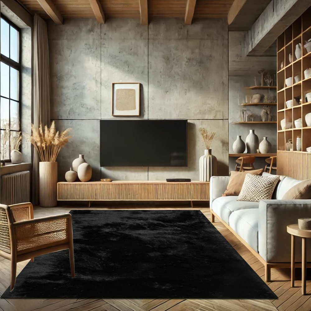 Tapis shaggy 60x110 rectangle fait main noir motif uni sg fin