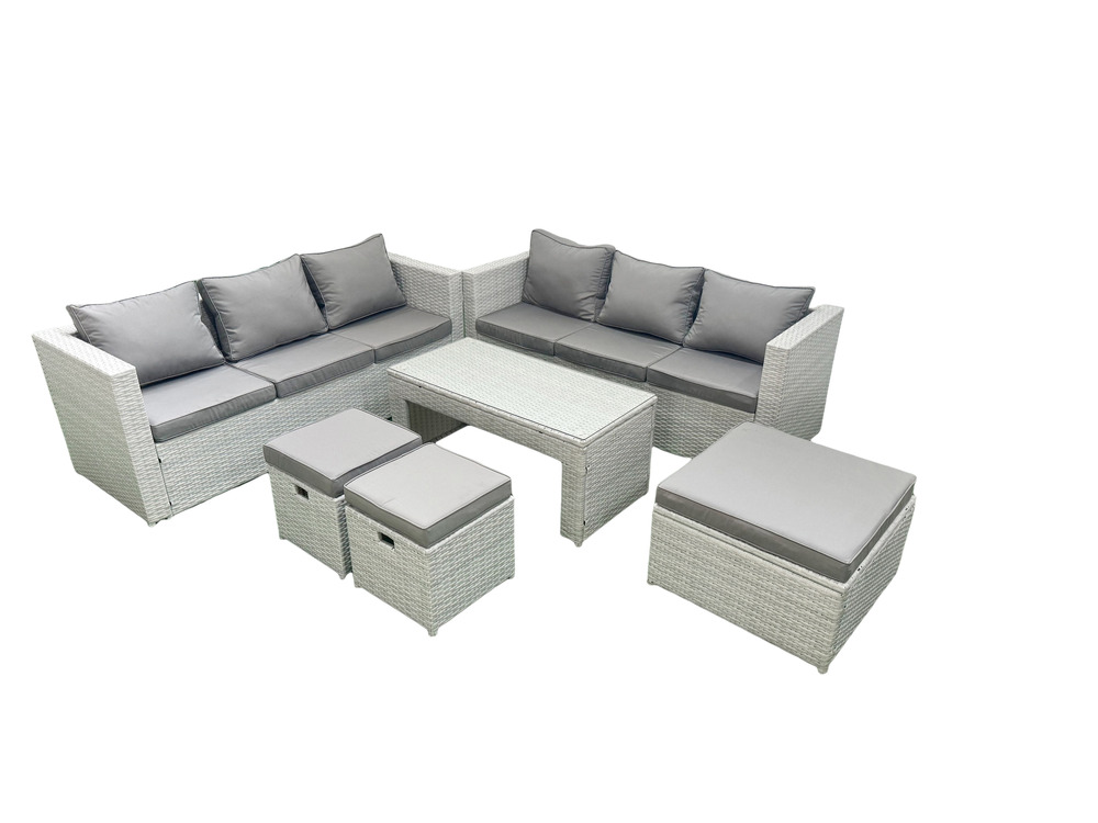 9 places salon de jardin extérieur canapé de jardin en rotin table basse oblongue avec 3 tabourets gris clair mixte