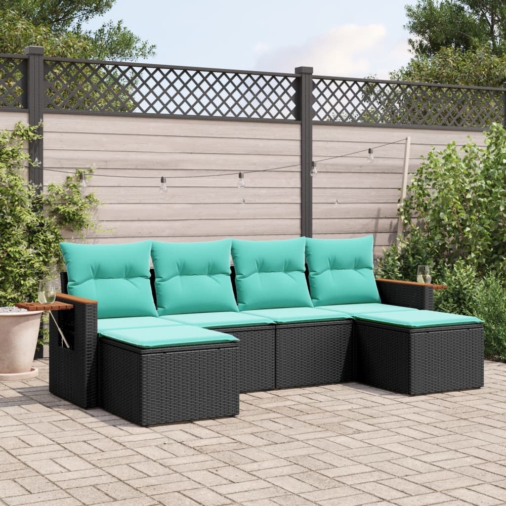 Salon de jardin 6 pcs avec coussins noir résine tressée