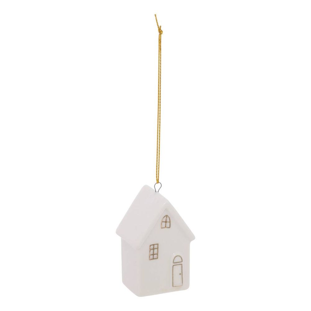 Lot de 2 suspensions de sapin motifs sapin et maison en céramique blanc 6 cm
