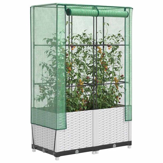 Potager de terrasse couvert avec structure tubulaire et finition aspect rotin élégant blanc 80x138 cm