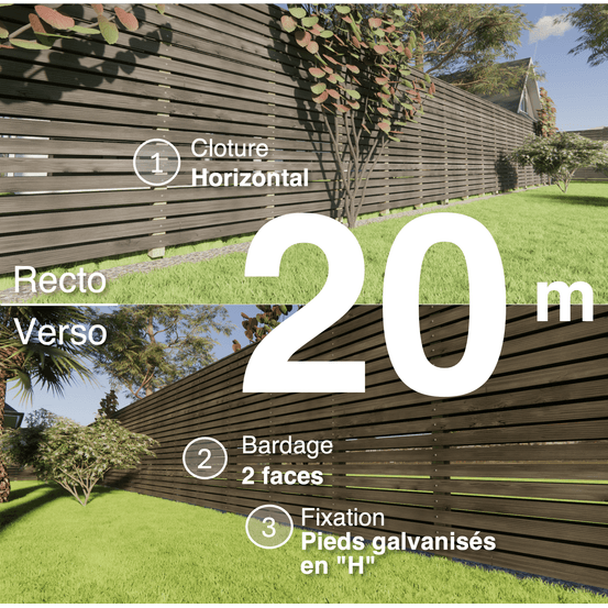 Kit clôture bois moderne 20m – h 1,9m – 20 x 70 mm noir par trempage – pose horizontal – double face – support galva