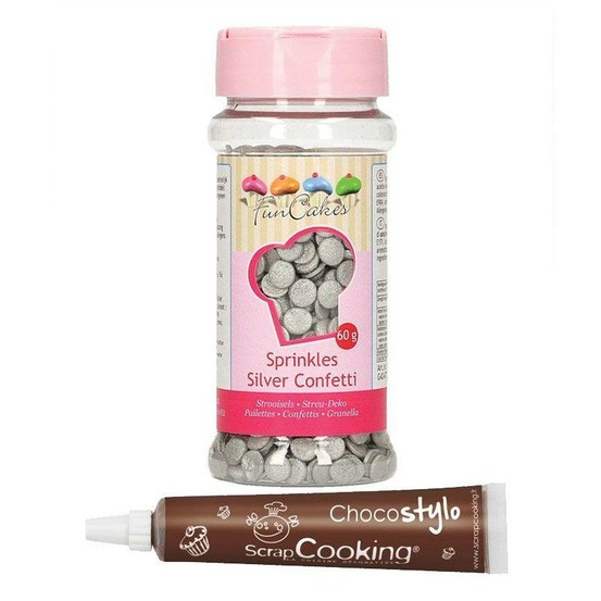 Décors sucrés confettis argentés + stylo chocolat