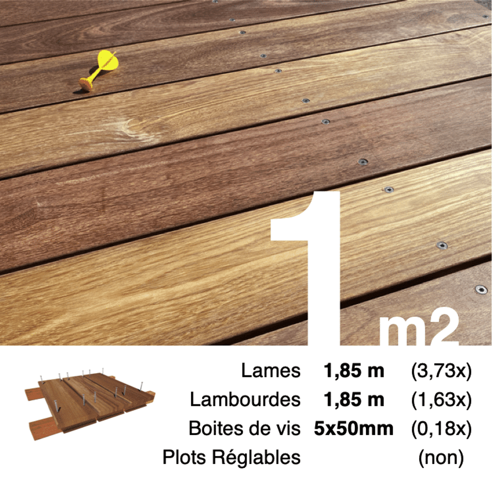 Kit terrasse bois exotique cumaru pour 1 m², lames 1,85 m, lambourdes 1,85 m et visserie inox.