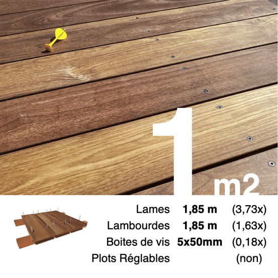 Kit terrasse bois exotique cumaru pour 1 m², lames 1,85 m, lambourdes 1,85 m et visserie inox.