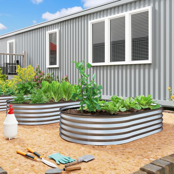 Lot 2 jardinières acier galvanisé extérieur tuteurs inclus 152x91x30cm argent