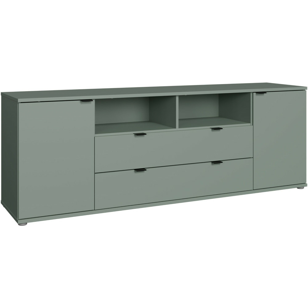 Meuble tv - ganymede - sauge - 2 portes, 2 tiroirs, 2 niches - 179,8 x 41,3 x 63,1 cm