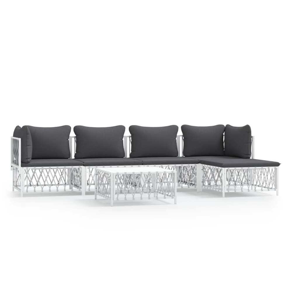 Salon de jardin avec coussins 6 pcs blanc acier