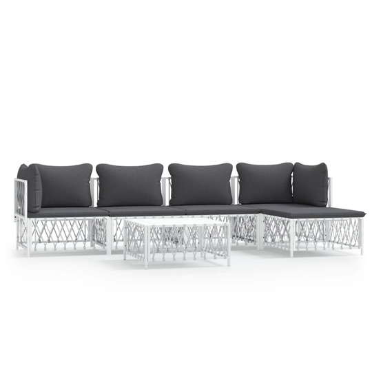 Salon de jardin avec coussins 6 pcs blanc acier