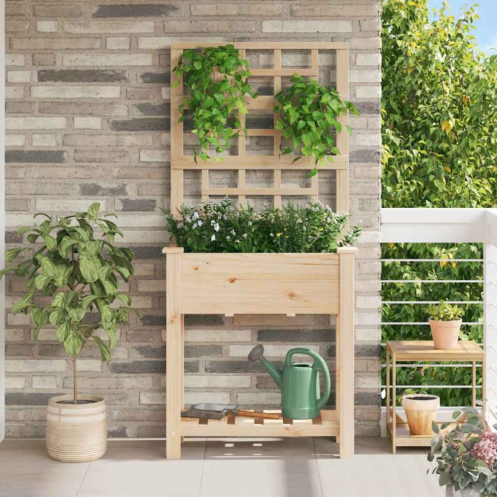 Jardinière bois avec treillis et étagère pour plantes grimpantes 71cm beige