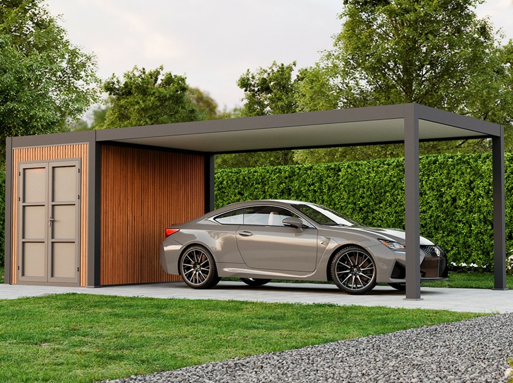 Carport aluminium denver abri de jardin composite inclus - 330 x 760 cm - 24,94 m² / local 5 m² - 1 voiture