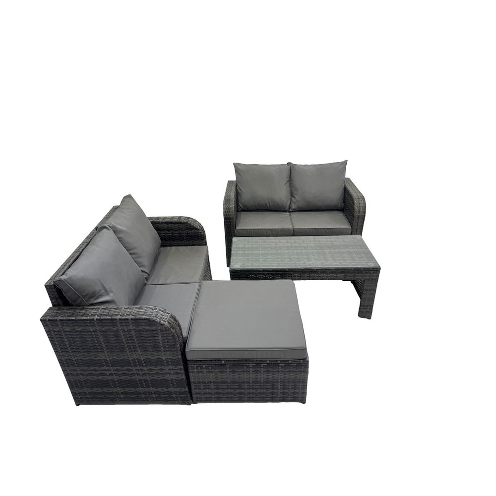 Dossier haut salon de jardin avec canapé d'amour table basse rectangulaire grand tabouret gris foncé mixte