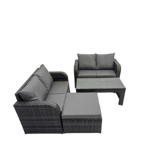Dossier haut salon de jardin avec canapé d'amour table basse rectangulaire grand tabouret gris foncé mixte