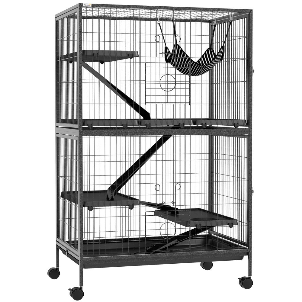 Cage rongeurs chinchillas furet acier sur roulettes 4 niveaux 80x52x128cm gris