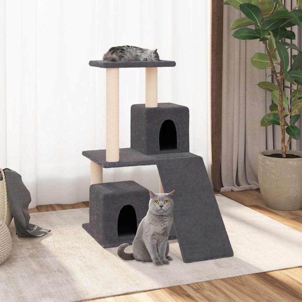 Arbre à chat multiniveaux en peluche avec 2 niches et griffoirs sisal 82 cm gris foncé
