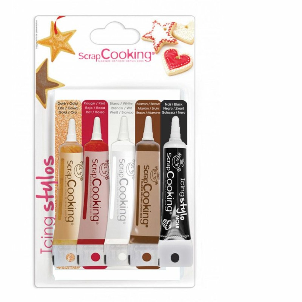 5 stylos de glaçage doré, chocolat, noir, blanc & rouge