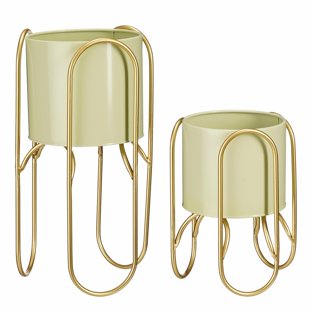 Mica decorations donau cache-pot sur pied - lot de 2 - métal - h45 x ø23 cm - vert clair, doré