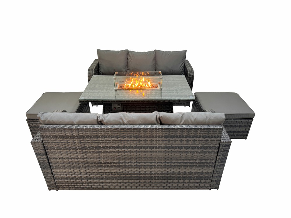 Ensemble salon de jardin extérieur en polyrotin table de foyer à gaz et canapé avec 2 grand tabourets