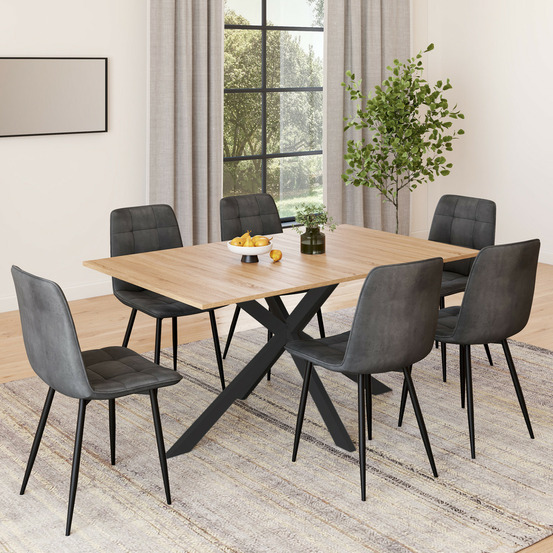 Ensemble table à manger rectangle alix 160 cm bois et noir et 6 chaises mila en velours gris foncé