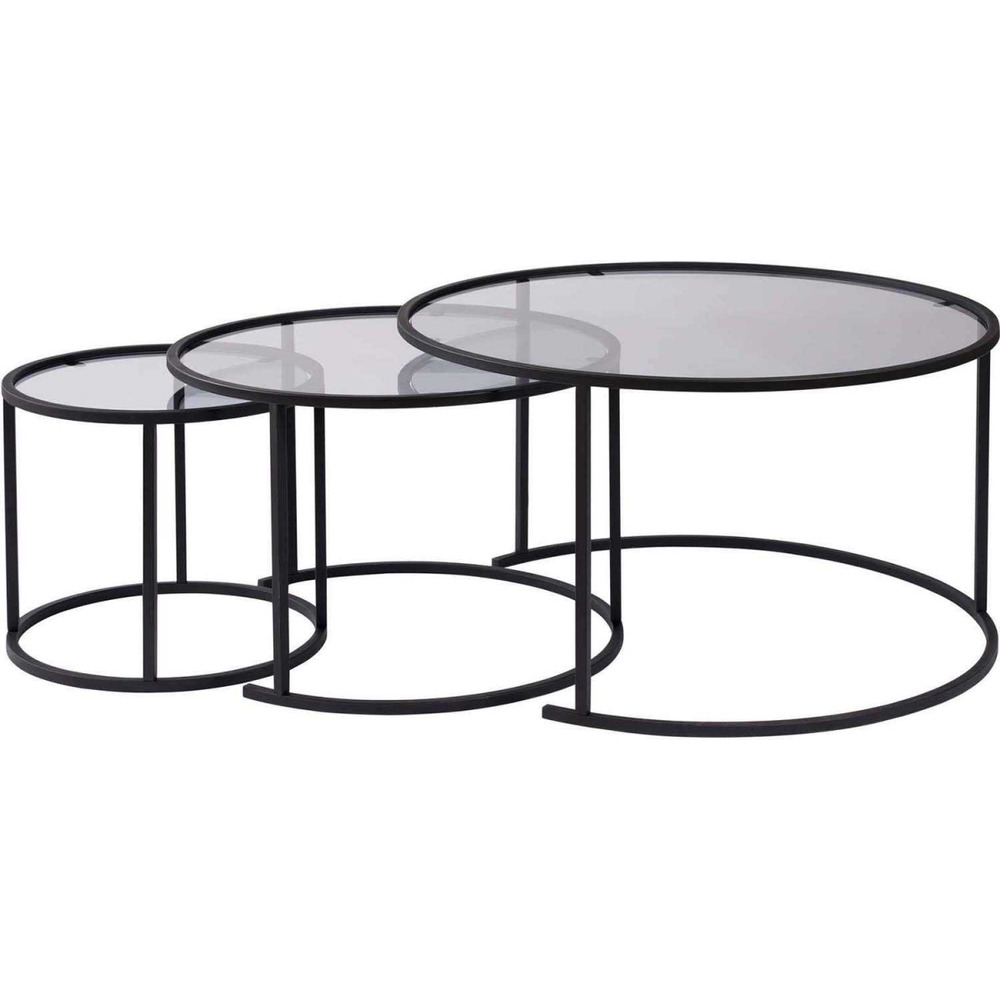Ensemble de 3 tables gigognes rondes en métal et verre aurum noir avec verre gri