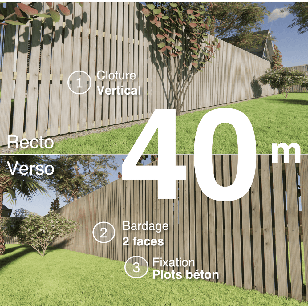 Kit clôture bois moderne 40m – h 1,9m – 20 x 70 mm autoclave gris – pose vertical – double face – à sceller
