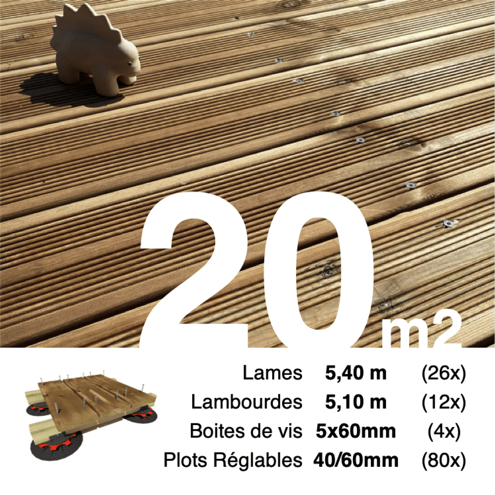 Kit complet terrasse pin autoclave marron pour 20 m², lames 5,4 m, lambourdes 5,1 m, plots réglables et visserie inox.