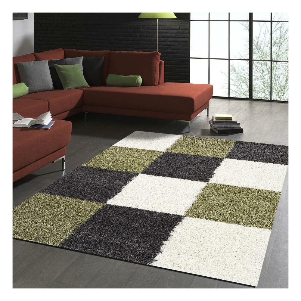 Tapis longs poils shaggy 65x130 rectangle tissé vert motif damier norlaz