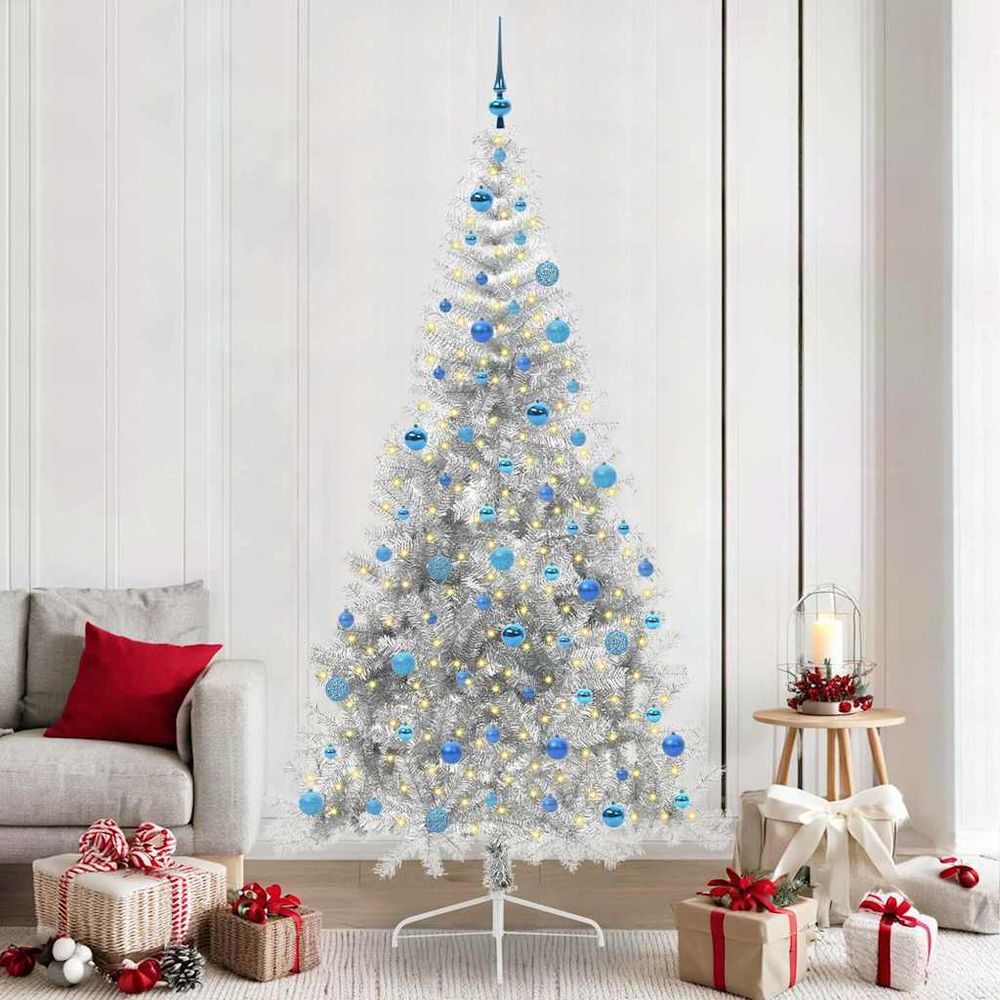 Kit déco noël : sapin artificiel argenté 240 cm avec lumières et 120 boules scintillantes