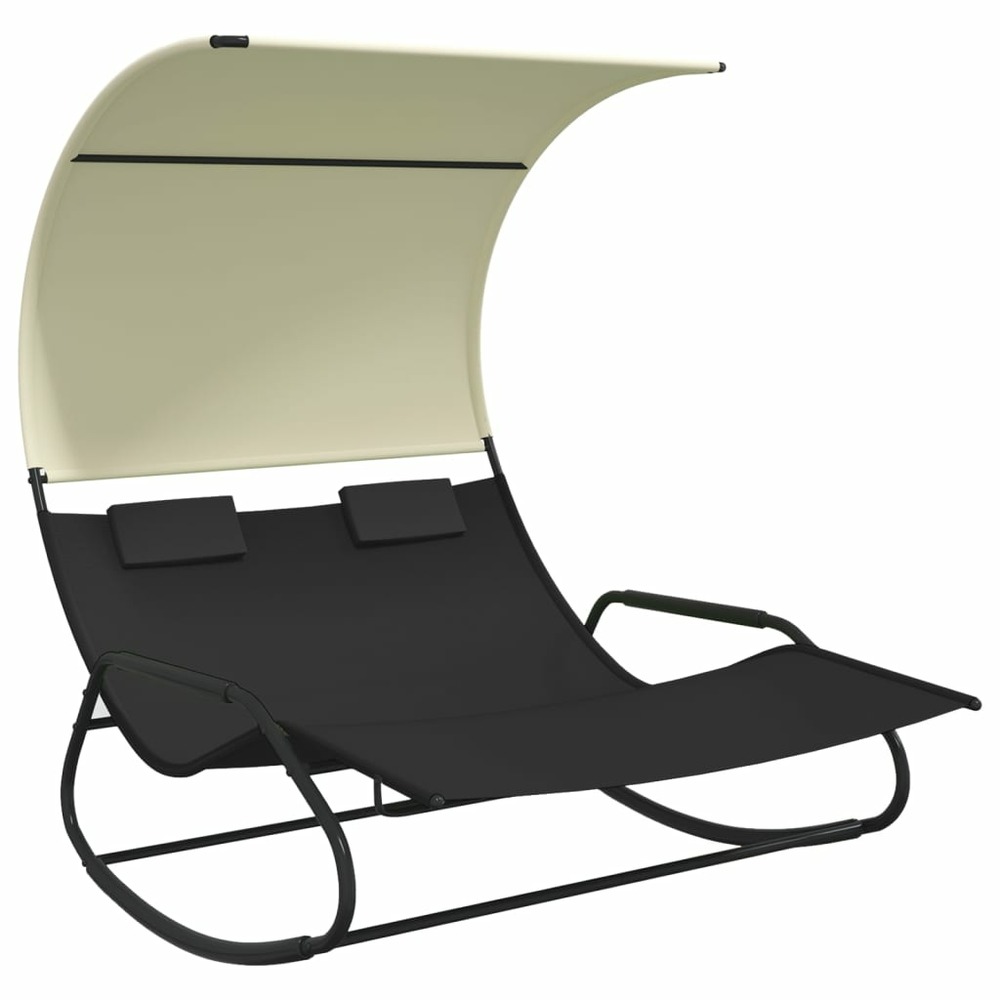 Transat chaise longue bain de soleil lit de jardin terrasse meuble d'extérieur double à bascule avec auvent noir et crème 02_