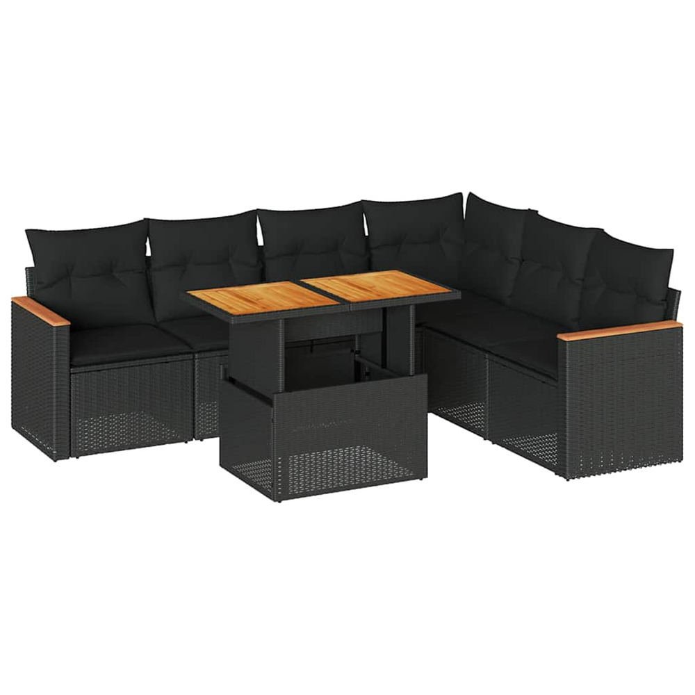 Salon de jardin avec coussins 7 pcs noir résine tressée acacia