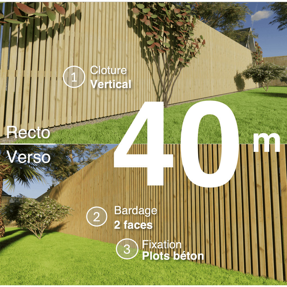 Kit clôture bois moderne 40m – h 2,3m – 45 x 45 mm autoclave – pose vertical – double face – à sceller