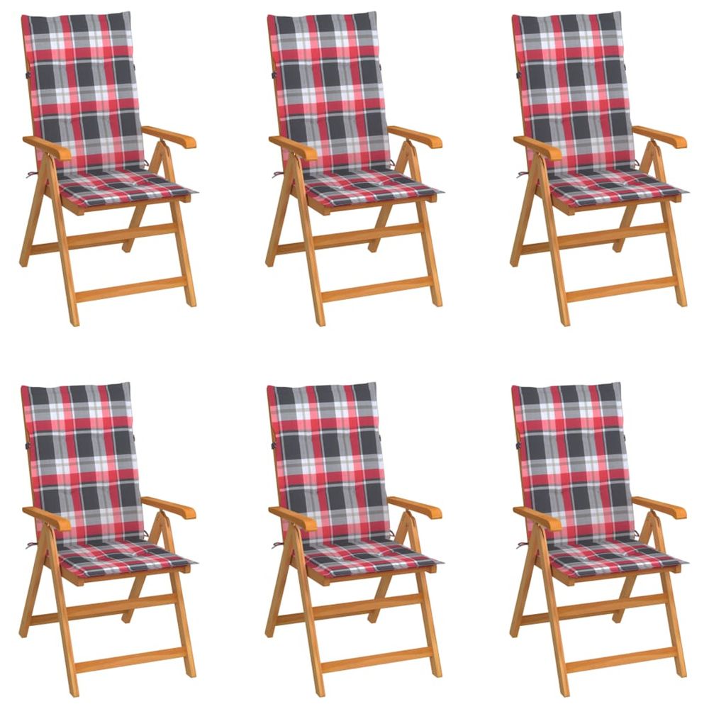 Chaises pliantes, 6 coussins à carreaux rouges, bois de teck massif