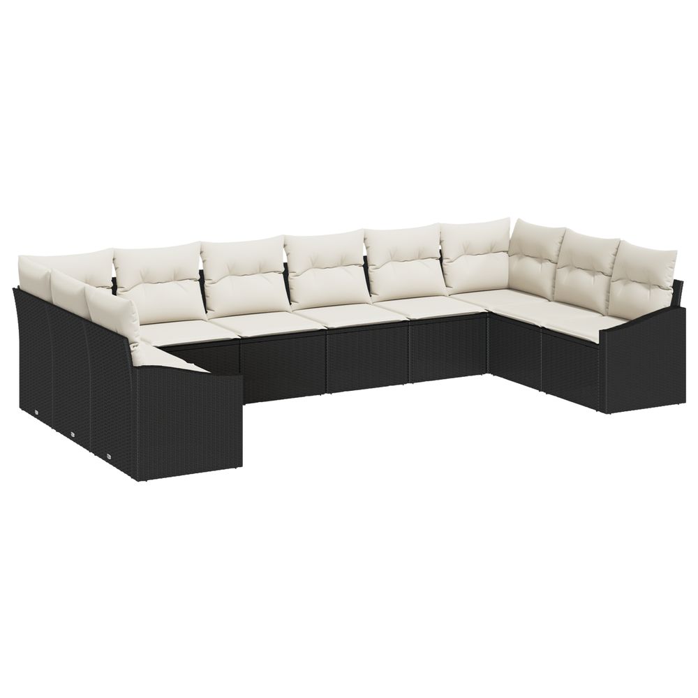 Ensemble de salle à manger de jardin de 10 pièces avec coussins en poly rattan noir