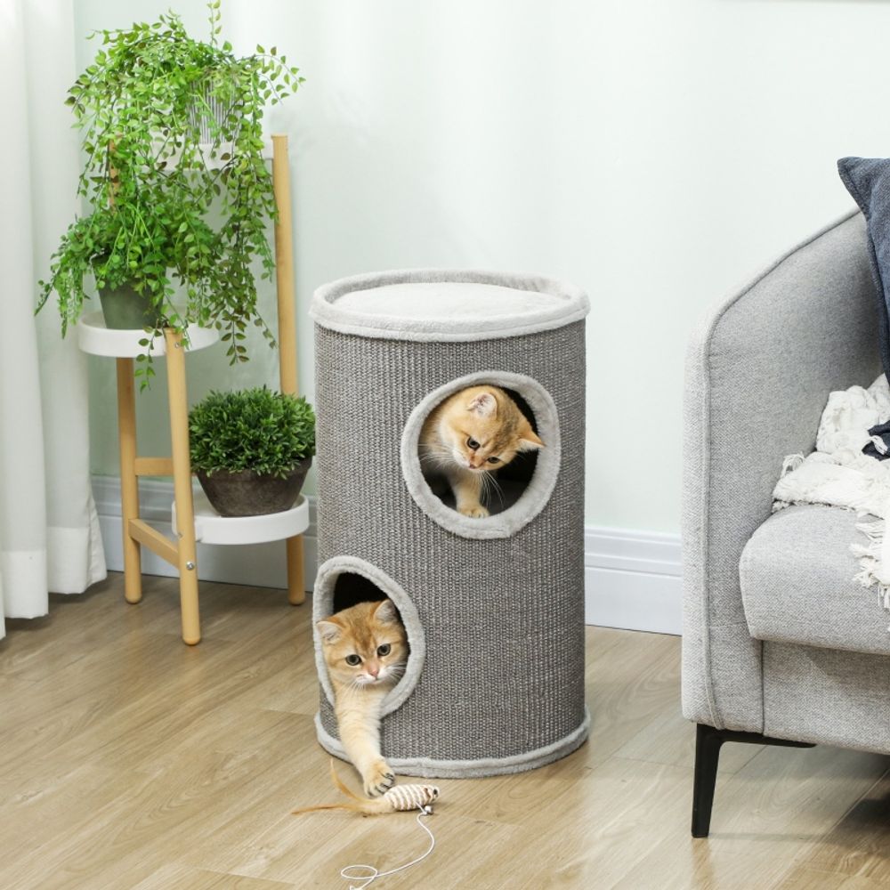 Tonneau griffoir chat sisal peluche pour 1-2 chats 2 niches repos ø35x60cm gris clair