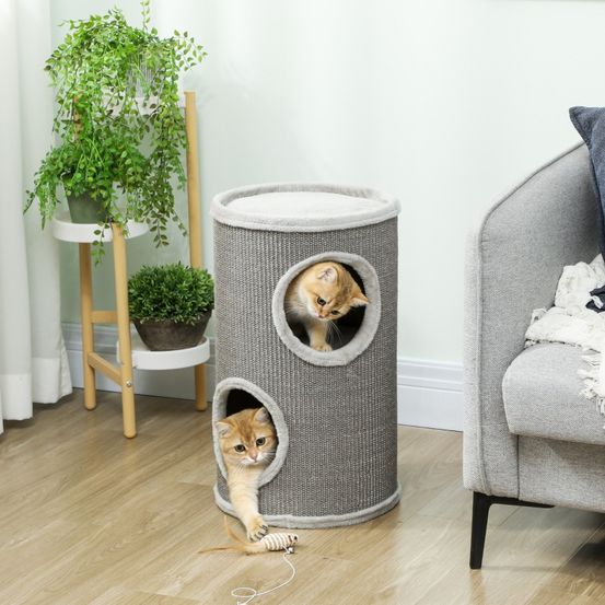 Tonneau griffoir chat sisal peluche pour 1-2 chats 2 niches repos ø35x60cm gris clair