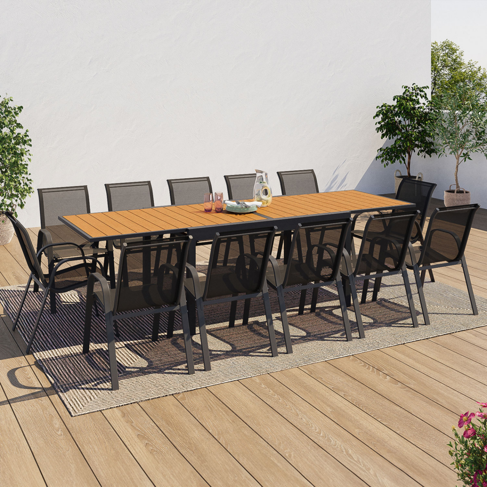 Salon de jardin poly table extensible 135-270 cm et 12 chaises bois et gris foncé