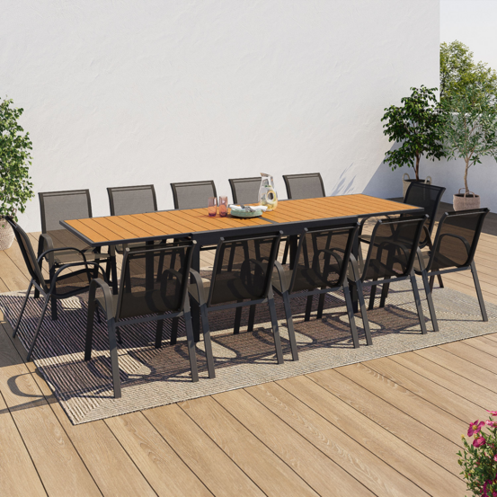 Salon de jardin poly table extensible 135-270 cm et 12 chaises bois et gris foncé
