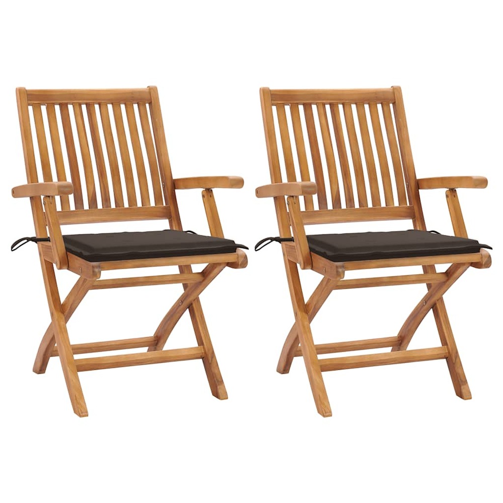 Chaises de jardin lot de 2 et coussins taupe bois teck massif
