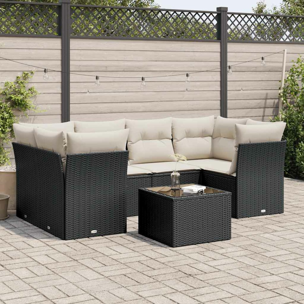 Salon de jardin 7 pcs avec coussins noir résine tressée