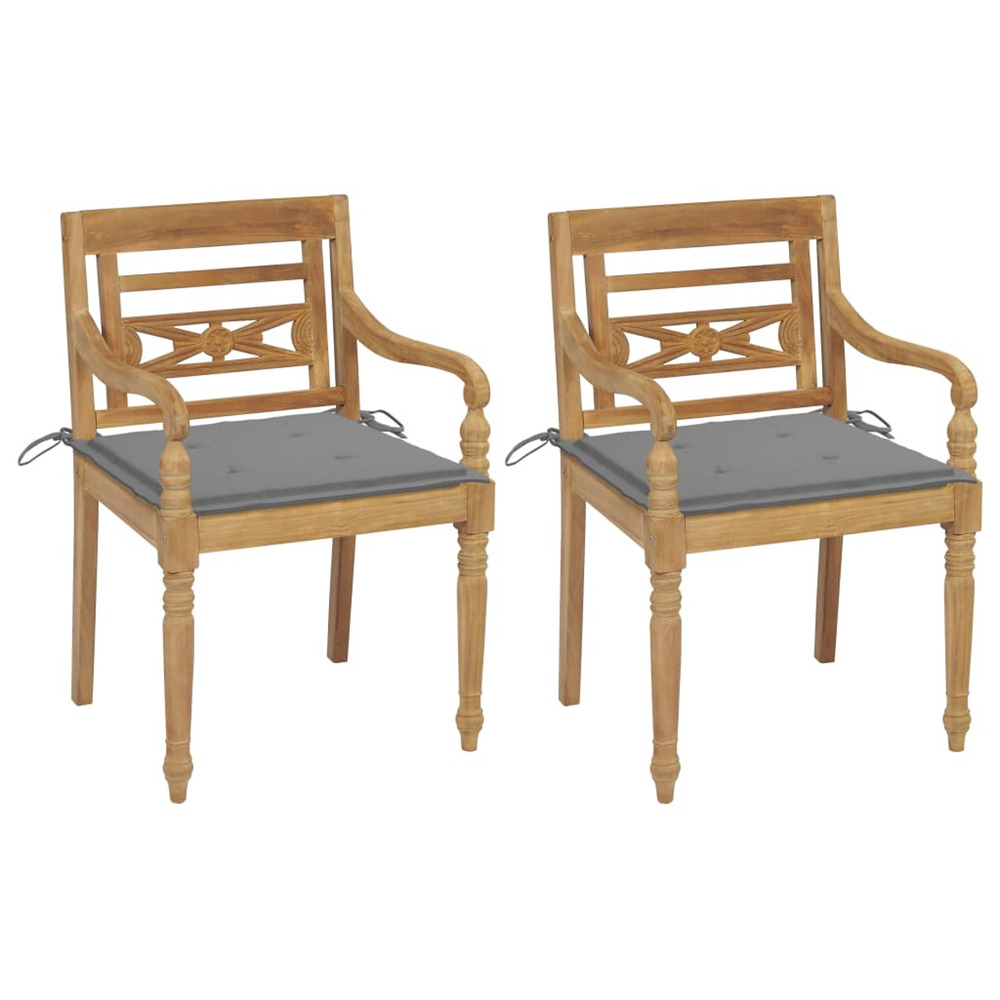 Chaises batavia lot de 2 avec coussins gris bois de teck massif