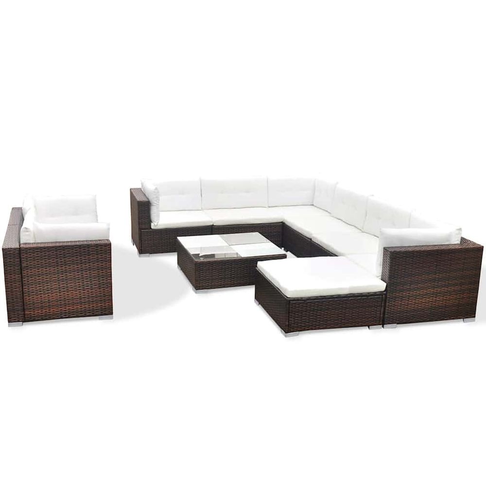 Salon de jardin 10 pcs avec coussins résine tressée marron