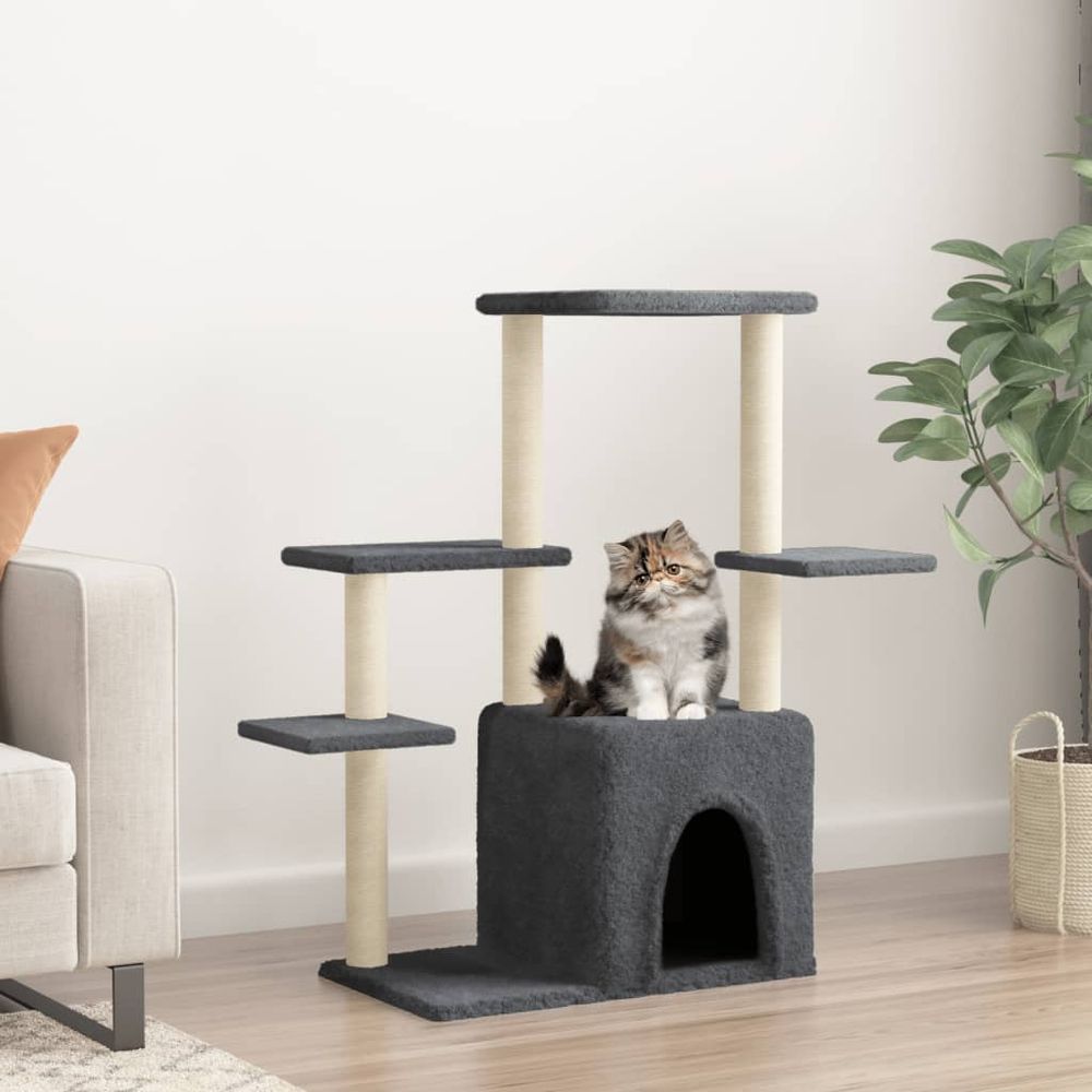 Arbre à chat stable 97,5 cm gris foncé, centre d'activités avec niche et griffoirs en sisal naturel