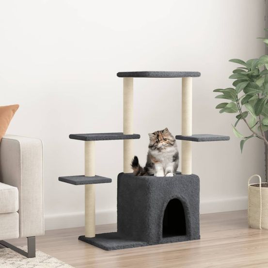 Arbre à chat stable 97,5 cm gris foncé, centre d'activités avec niche et griffoirs en sisal naturel