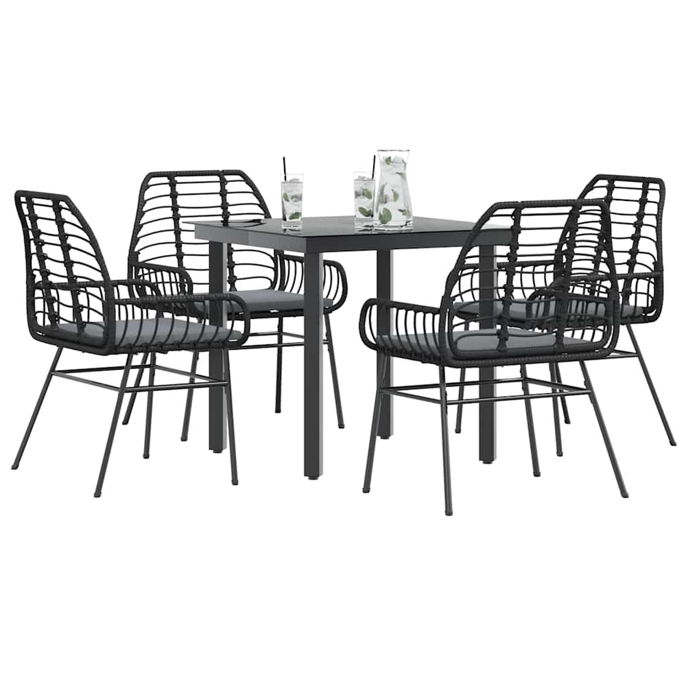 Ensemble à manger de jardin et coussins 5 pcs noir rotin verre